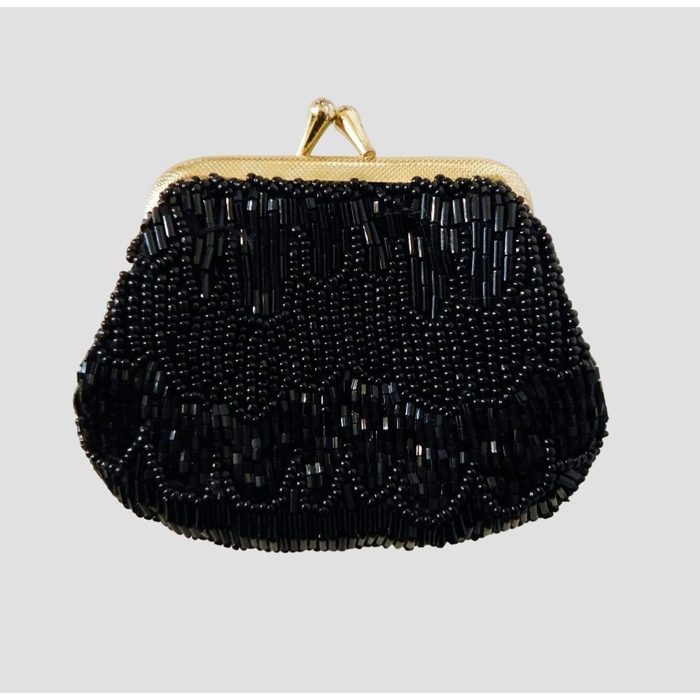 Amanda Smith Black Beaded Coin Purse Gold Tone Kiss Lock Closure 4" Wide
